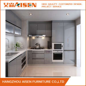 Grey Lacquer Handle-Less Design Polyurethane Kitchen Furniture